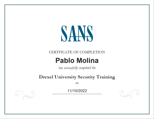 A certificate for completing DUST training, 2022.